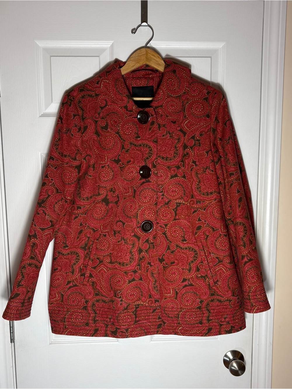 Talbots Red, Pink & Brown Paisley 3 Button Pleat Back Swing Coat - Stretch - Med